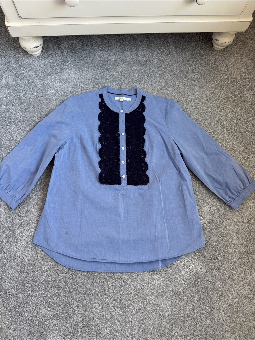 Women's Light Blue Button-Front Top with Navy Lace Trim